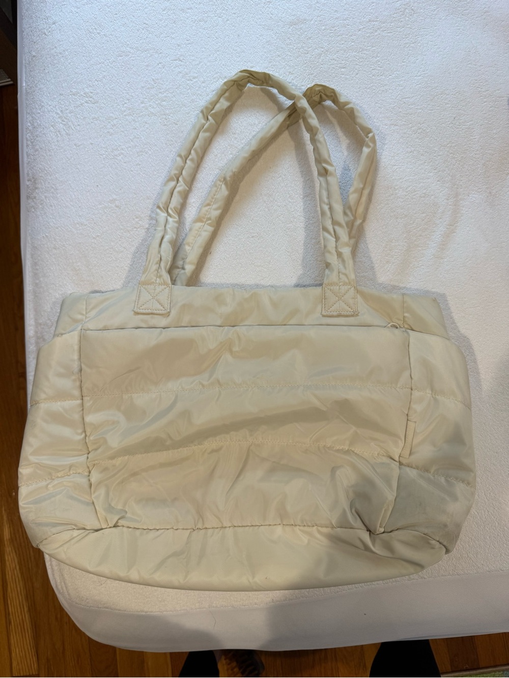 Light Cream Quilted Travel Tote Bag - Soft Puffer Shoulder Bag